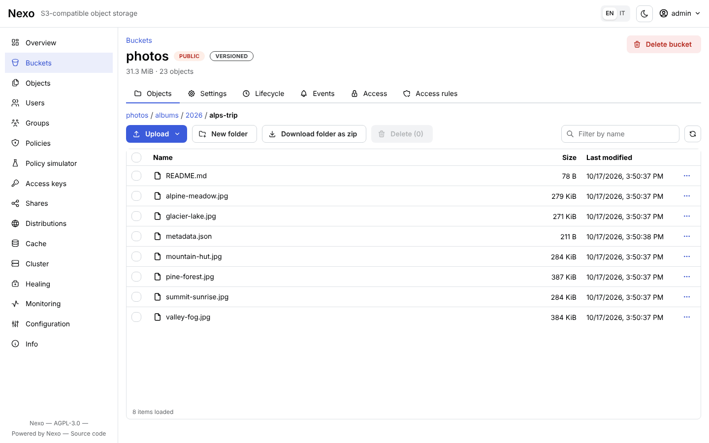 Browser degli oggetti di un bucket